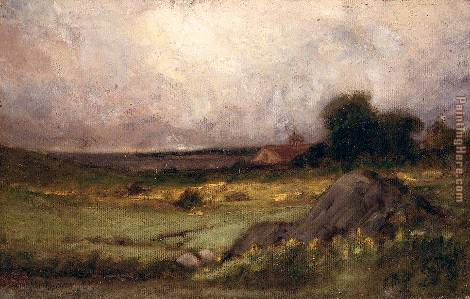 landscape with rock in foreground and roof with steeple, lake in background painting - Edward Mitchell Bannister landscape with rock in foreground and roof with steeple, lake in background art painting